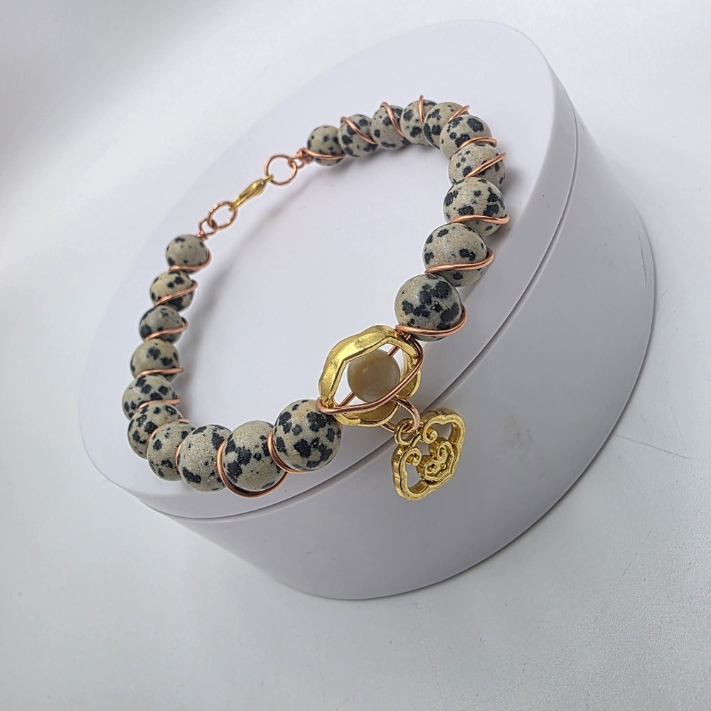 Dalmatian Jasper Beaded Bracelet with Gold Accent Charm - Picture 4 of 6